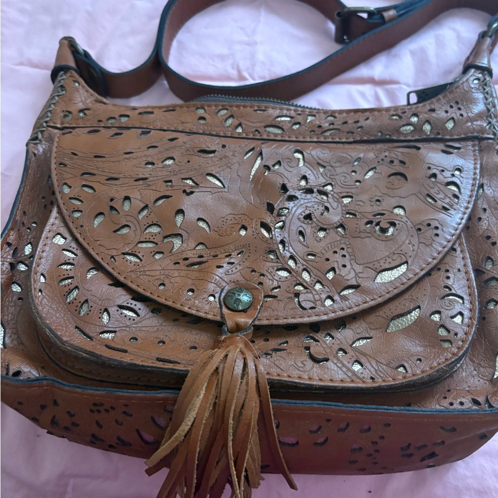 Patricia Nash in Brown and gold Leather Cutout crossbody Bag